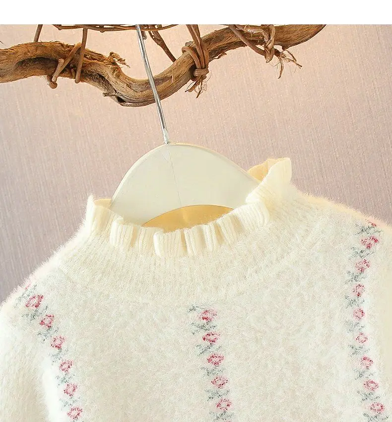 

INS Hot Baby Girls Sweater 1-7 Years Old Autumn and Winter Children's Sweater Mohair Lotus Leaf Collar Flower Kids Sweaters Mink