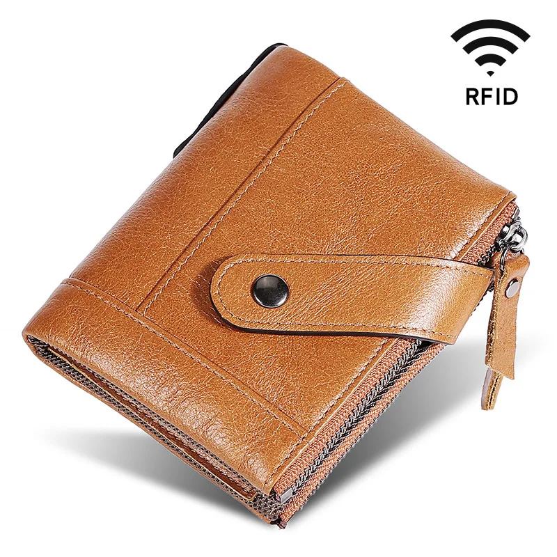 

New Rfid Genuine Leather Men Wallet Coin Pocket Double Zipple Hasp Male Walet Retro Purse Business Wax Oil Leather Man Wallet 45