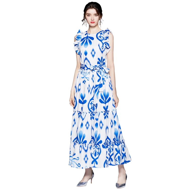 

Summer New Women's Retro Ruffle Sleeveless Printed Long Temperament Tank Dress