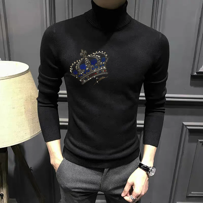 New Thick Warm Knitted Pullover Winter Men's Turtleneck Sweater Casual Tops Crown Wool Clothes black sweater with zipper