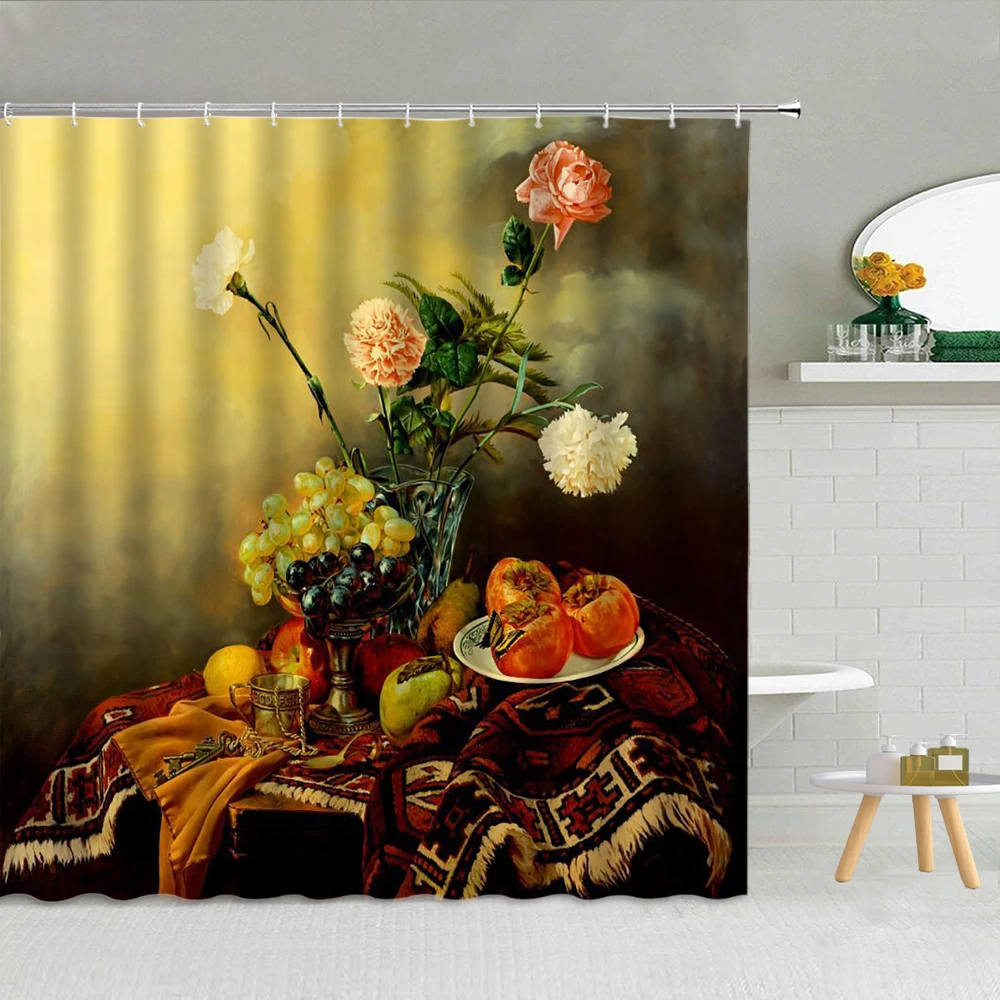 

French Vineyard Scenery Shower Curtain Red Wine Fresh Fruit Bathroom Decor Bath screen Waterproof Fabric Washable Hooks Curtains