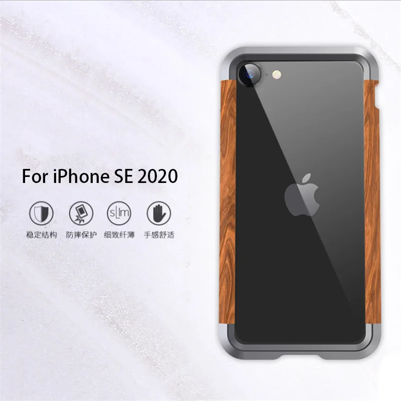 Чехол для Телефона iPhone SE 2020 оригинальный R-Just деревянный Бампер металлический