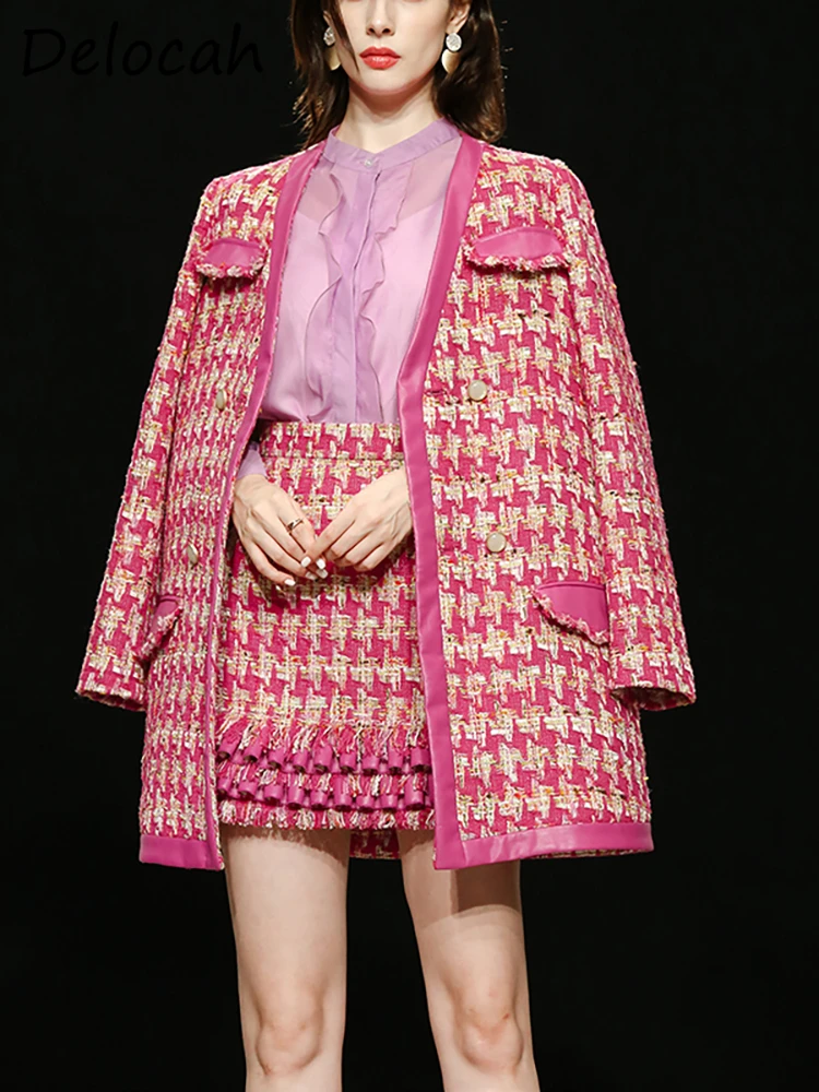 

Delocah New 2021 Autumn Women Fashion Runway 2 Pieces Set Long Sleeve Blends Coat + High Waist Ruffles Mini Pencil Skirts Suits