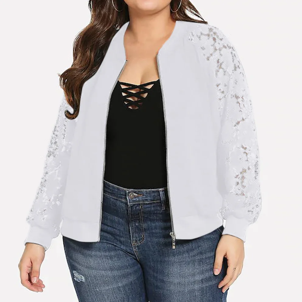 

Plus Size Jacket Cardigan Lace Cover Up Women Coat Casual Zipper Up Bomber Jacket Ladies Outwear Coats Women Clothing