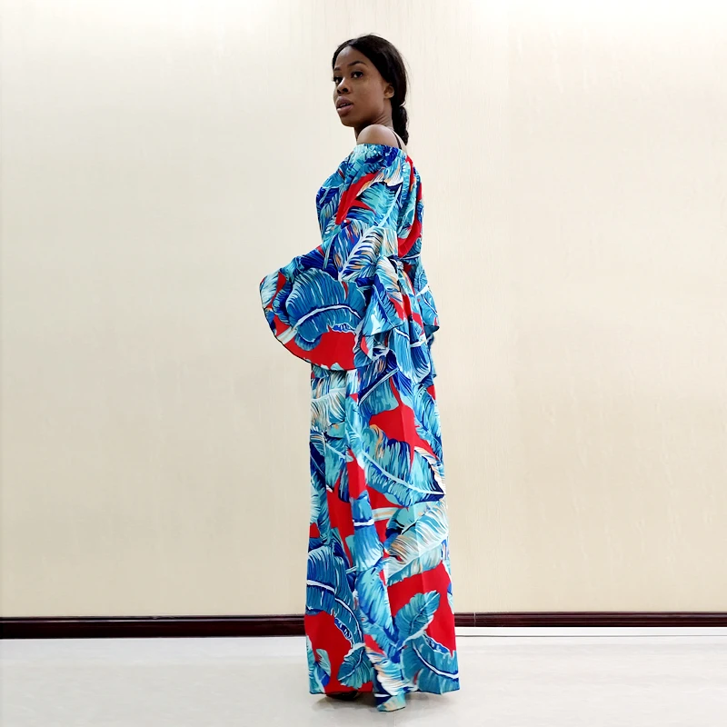 African Dashiki Fashion Design Green Palm Leaf Pattern Printed Off Shoulder Butterfly Sleeve Elegant Vacation Style Women Dress |