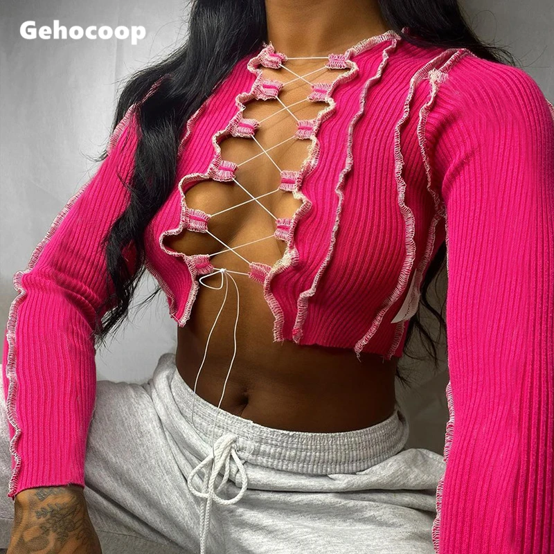

Women's Tops Autumn Long Sleeve Y2K Sexy Breast Hollow Out Sexy Bandage Drawstring Skinny Clubwear Party T-shirt Bodycon Sweater