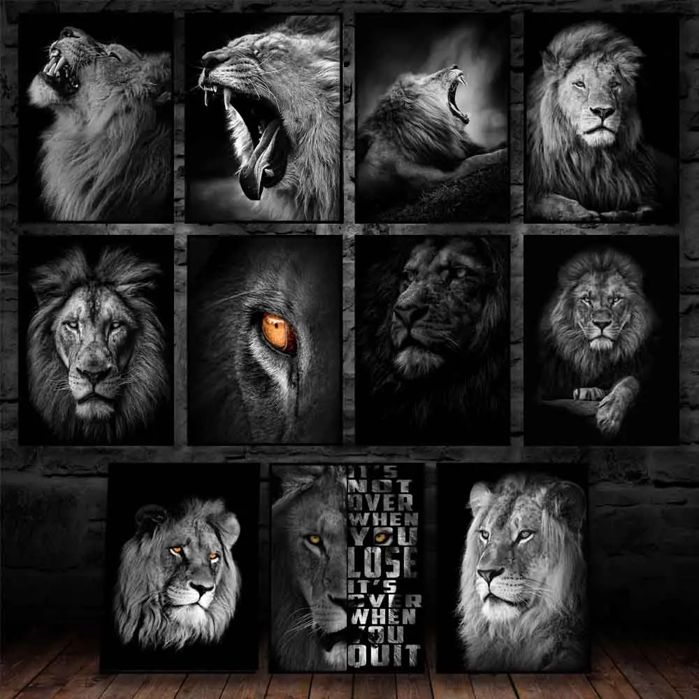 

Nordic modern art animal canvas painting black and white lion poster office wall painting living room home decoration mural
