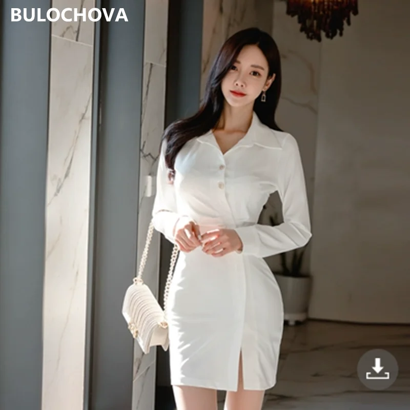 

BULOCHOVA 2022 New Spring Korean Fashion Solid Shirt Mini Dress Women Lapel Pack Hip Bodycon Slim Pencil Dresses Vestidos XL