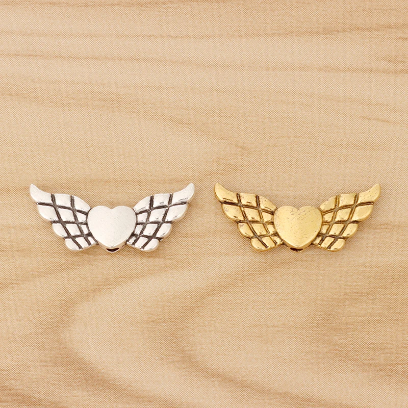 

50 Pieces Antique Gold/Silver Color Angel Wing Heart Charms Spacer Beads for Jewellery Making Accessories 22x9mm