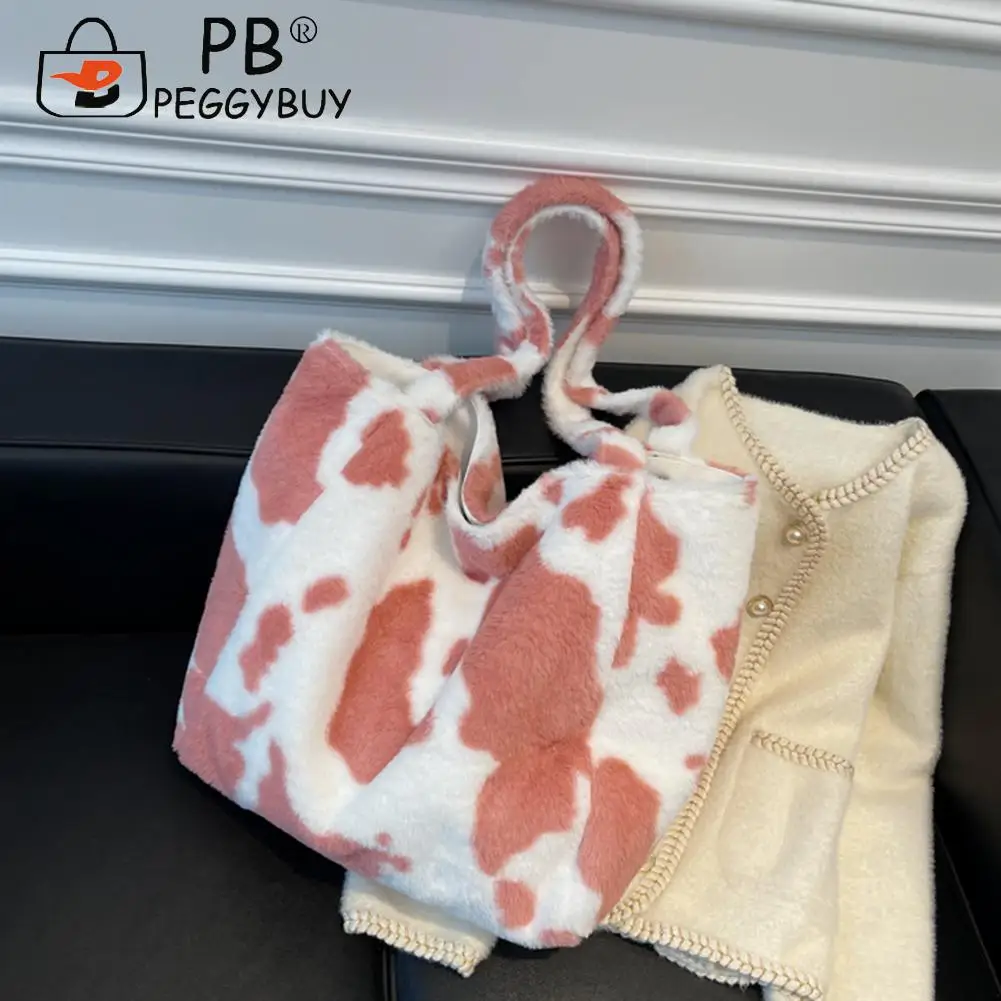 

Vintage Shoulder Bag Women Winter Cow Milk Pattern Shoulder Underarm Bag Large Purse Handbag for Shopping Travel