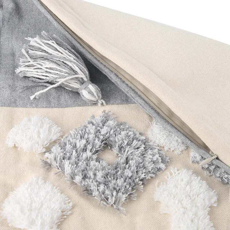 

Moroccan Style Cushion Cover Tuft Tassels for Sofa Bed Grey Stripe