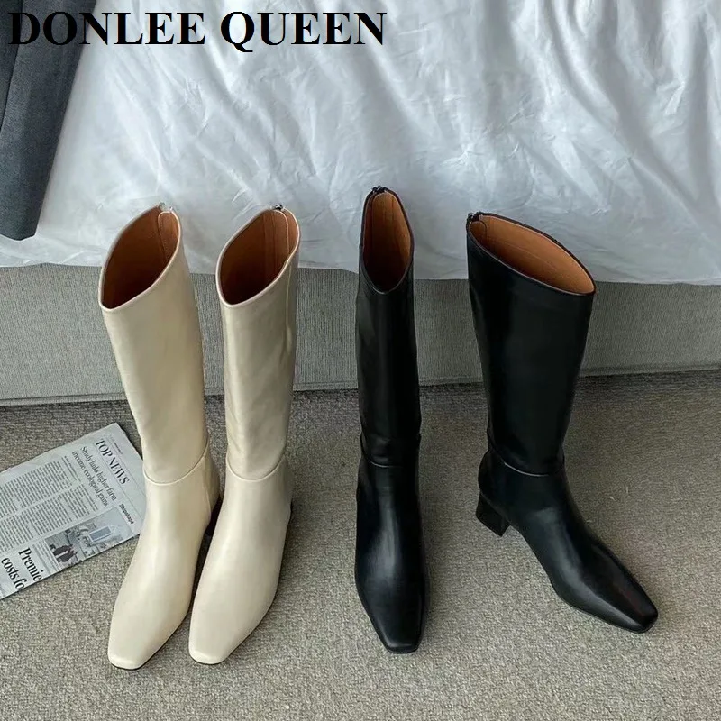 

Женские сапоги на среднем каблуке, сапоги до колена на молнии с квадратным носком, повседневные брендовые сапоги Челси, зима 2020