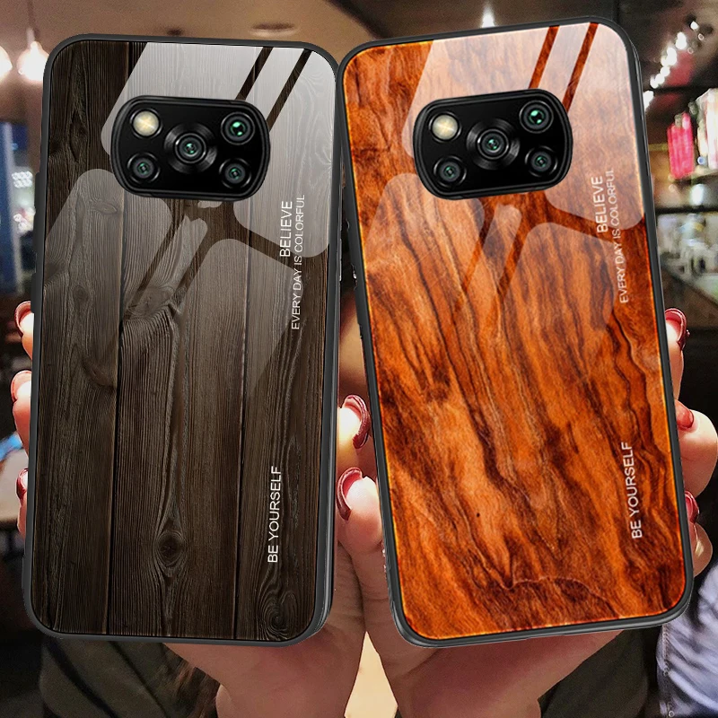 Чехол из закаленного стекла под дерево для POCO X3 Pro NFC чехол с силиконовой рамкой