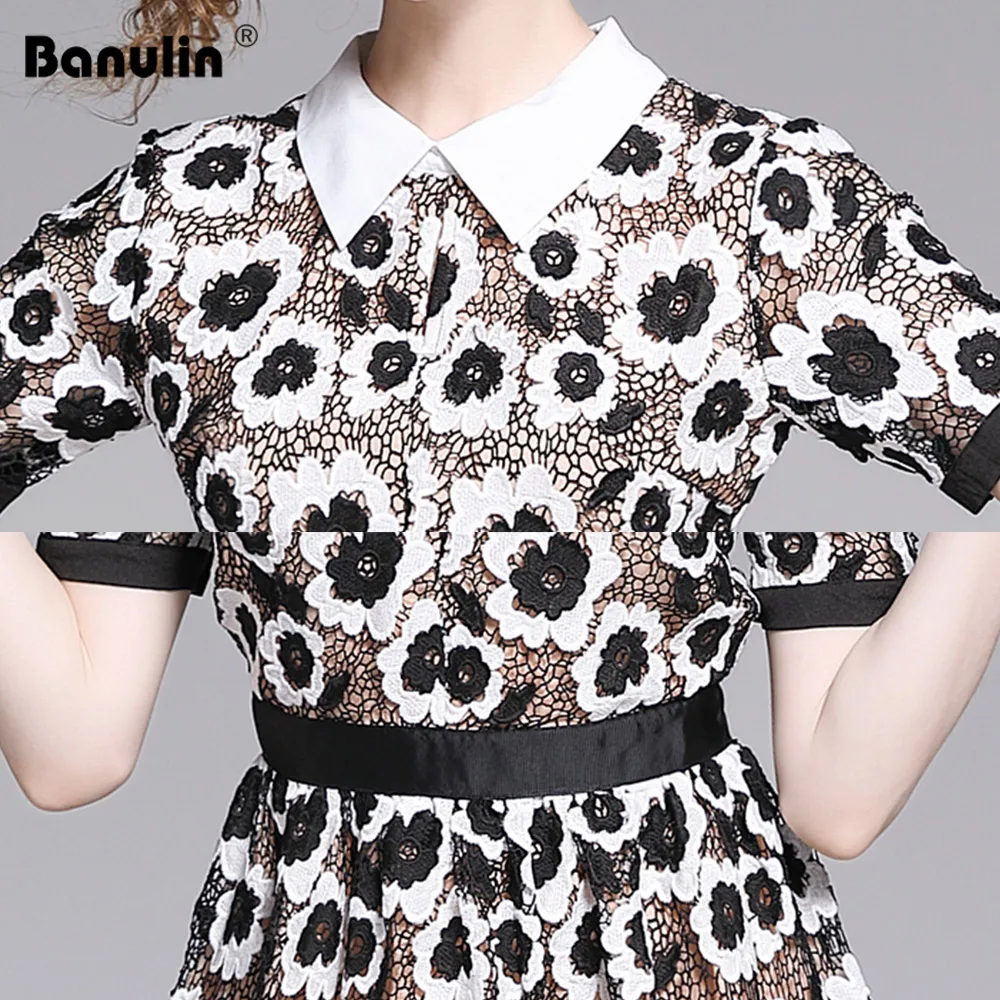 

Banulin New Fashion 2019 Designer Runway self portrait Dress Women's Puff Sleeve Flowers Embroidery Retro Patchwork Lace Dress
