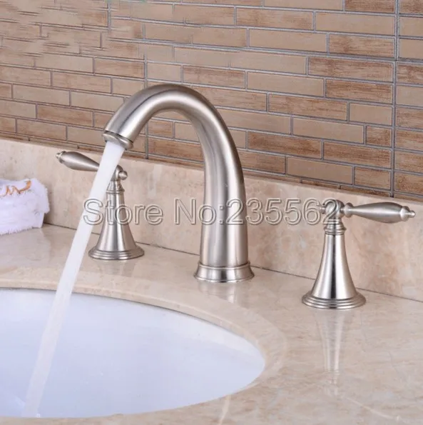 

Brushed Nickel Brass 3 Holes Widespread Bathroom Vanity Sink Faucet Deck Mounted Dual Handle Hot Cold Water Mixer Tap Lnf039
