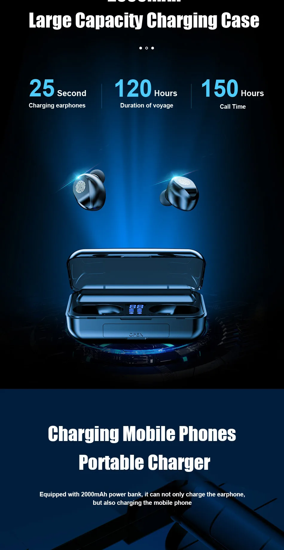 VOULAO, Bluetooth 5,0, наушники, 8D, стерео, беспроводные наушники, спортивные, водонепроницаемые, свободные руки, наушники, гарнитура с 2000 мАч, внешний аккумулятор