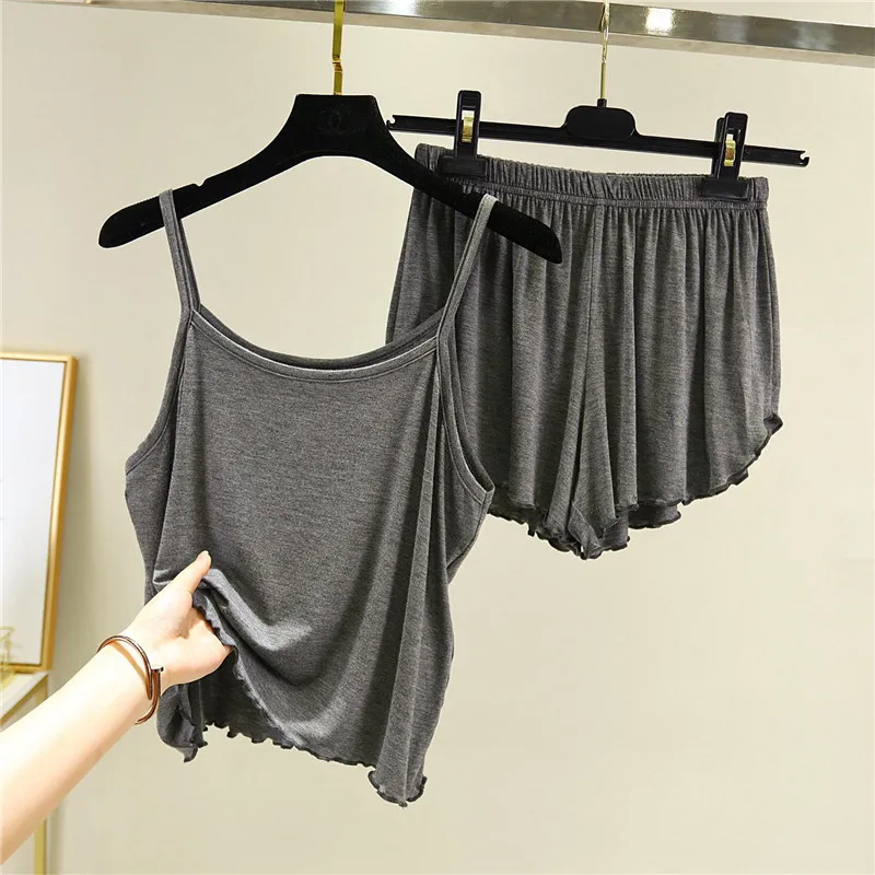 

2021 Summer Modal Thin Pajamas Set For Women 2 Piece Solid Color Sling+Shorts Women's Sleepwear