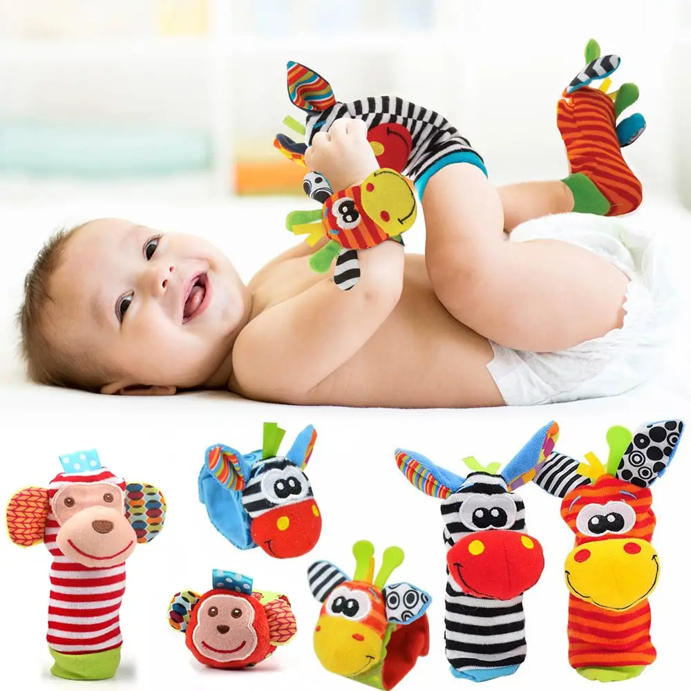 

Cartoon Plush Socks Wrist Strap Rattles Baby Toys 0-12 Months Newborn Infant Kids Animal Sock Foot Finder Toy Gift Soft Rattle
