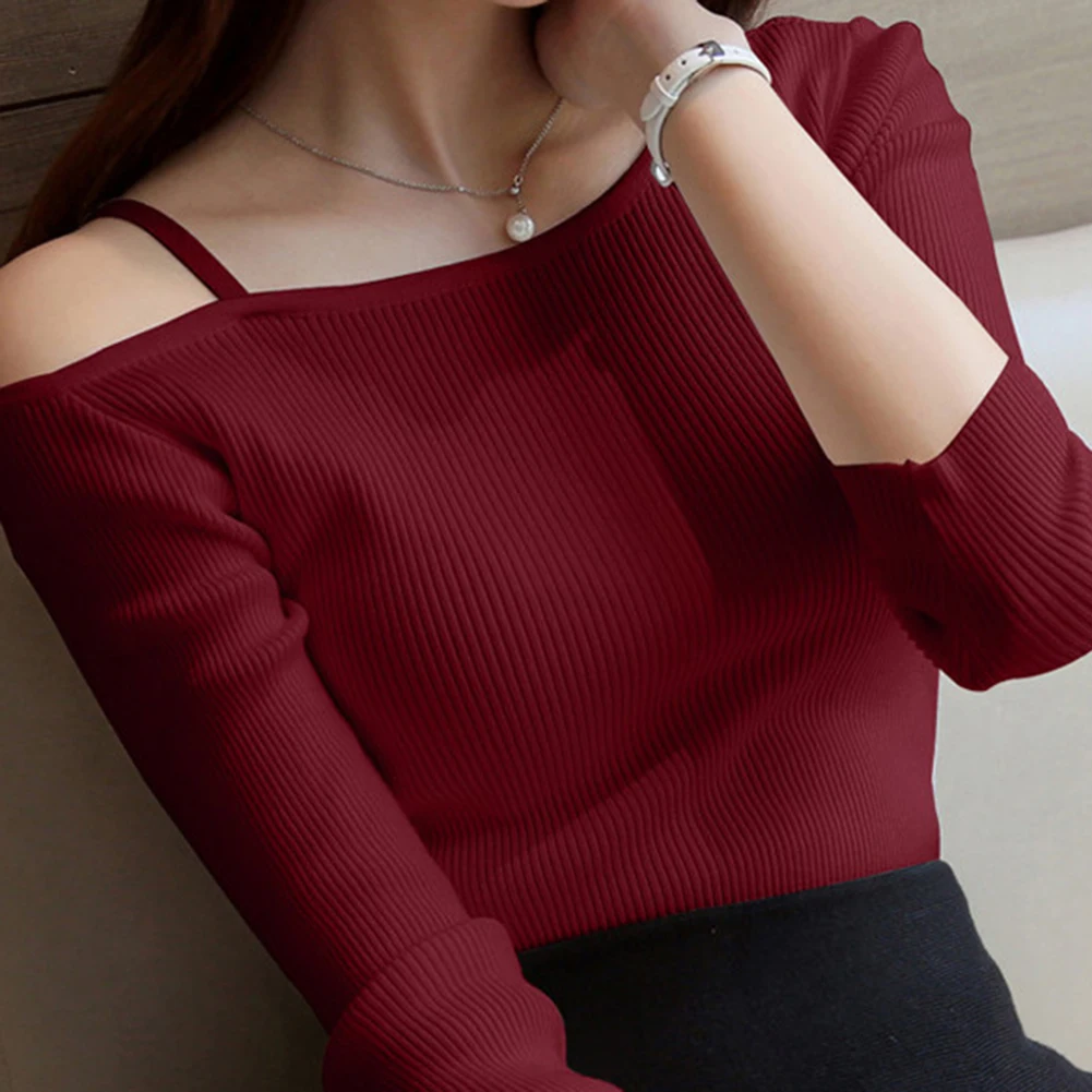 

2020 Off Shoulder Sexy Women Long Sleeve Knitted Sweater Solid Skinny Slim Sweater Women Spring And Winter Pullovers