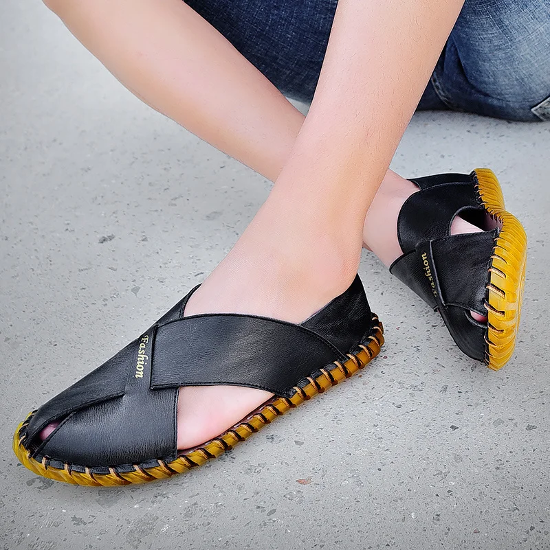 

Сандалии мужские из мягкой дышащей натуральной кожи, плоская подошва, модные шлепанцы, Уличная Повседневная пляжная обувь ручной работы, ле...