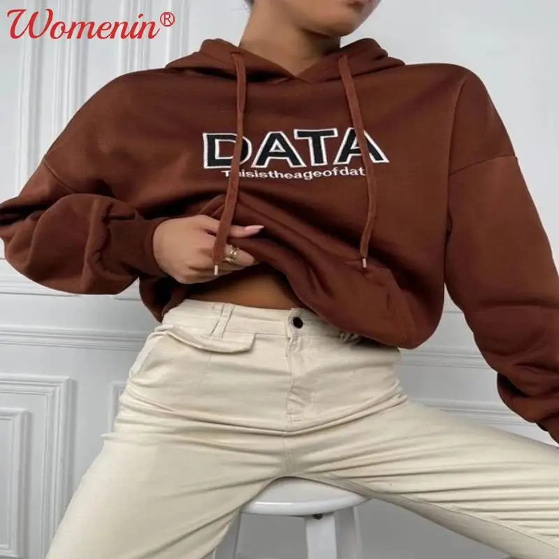 

Fleece Letter Print Women's Hoodie 2021 Autumn Long Sleeve Front Pocket Drawstring Hoodies Women Sweatshirt Female Casual Top