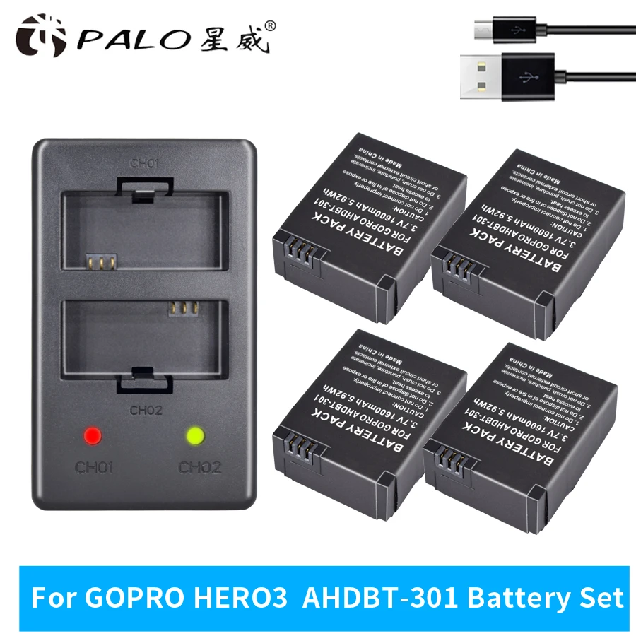 4 шт. батареи и двойное зарядное устройство для GoPro Hero 3 1600 мАч|Цифровые