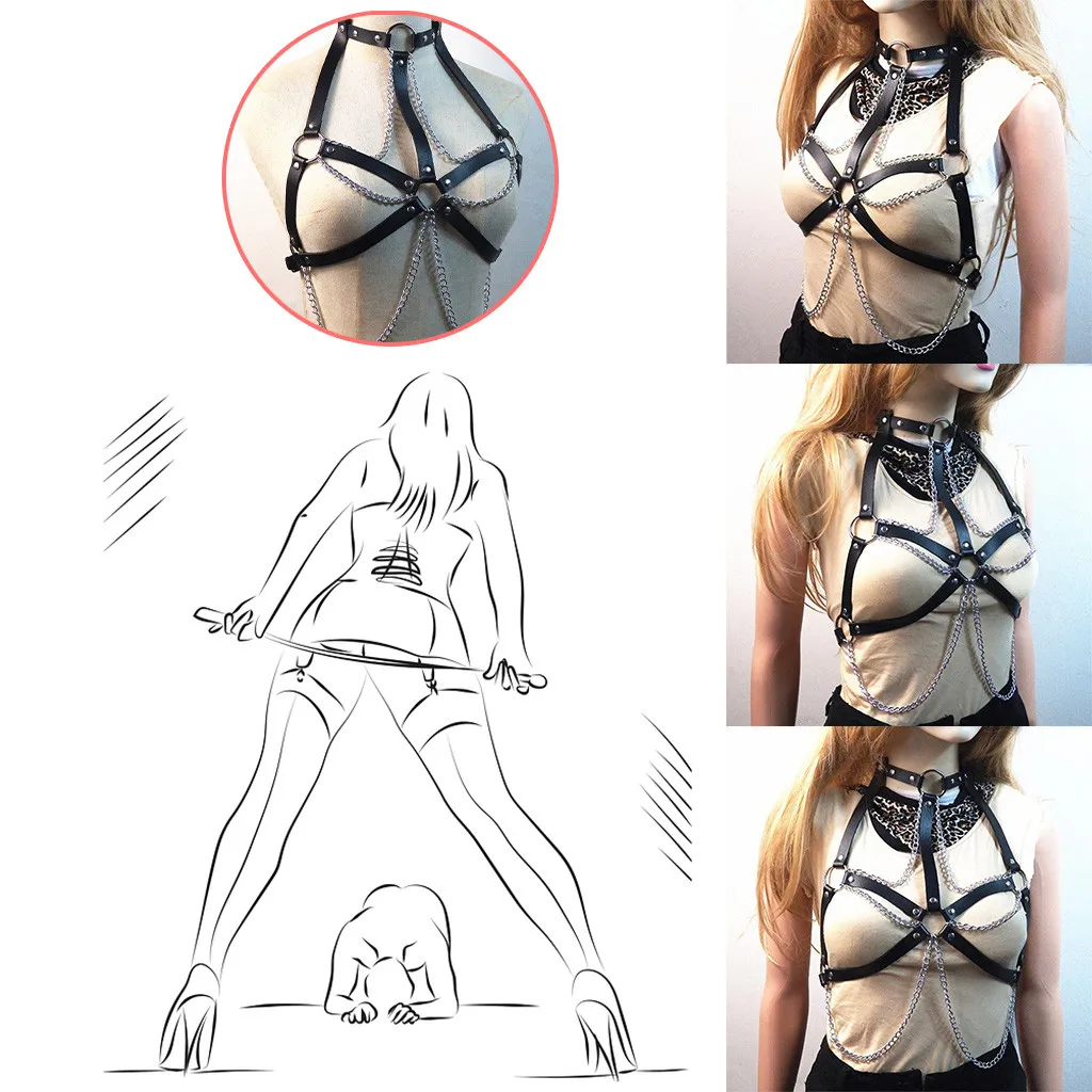 SM Sexy Erotic Suit Adult Sex Toys Leather Handcuff Hihappiness Black Women's Punk Metal Chain Tassel Body Caged Dan H4 |