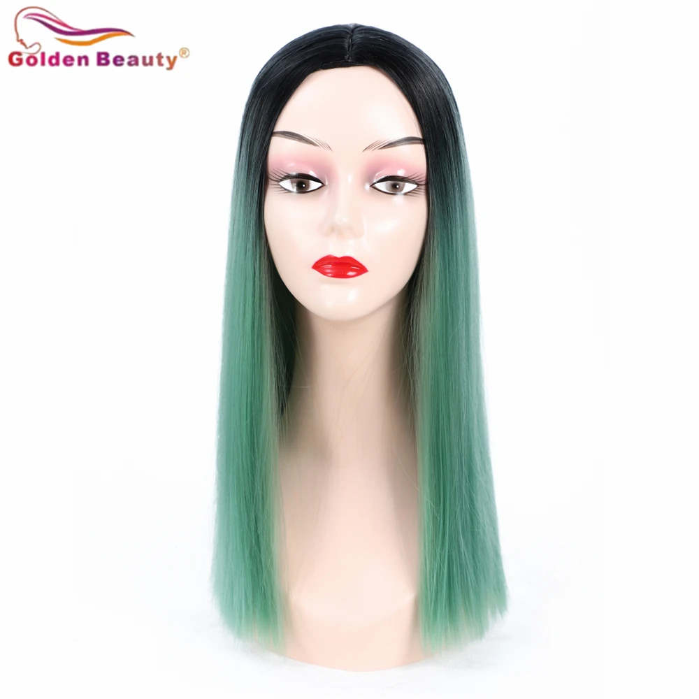 

Golden Beauty 20inch Synthetic Hair Wigs High Temperature Fiber Long Straight Ombre Green Mix Black Middle Part For White Women