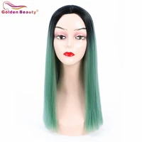 golden beauty 20inch synthetic hair wigs high temperature fiber long straight ombre green mix black middle part for white women