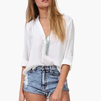 v neck long sleeve solid white shirt chiffon material office lady casual loose style buttons front woman blouse top