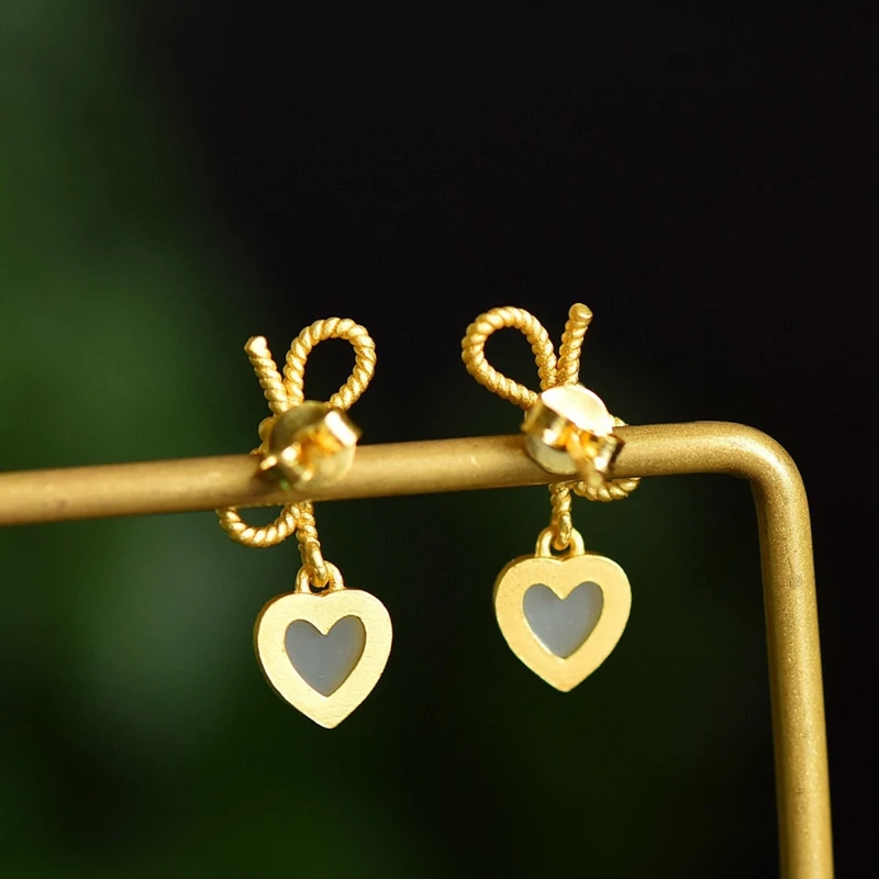 

2021 New Hot Gold-Plated Temperament Hetian Jade Heart-Shaped Bow Earrings-Love Bow Ear Stud 2.2*1.2cm Ladies Jewelry