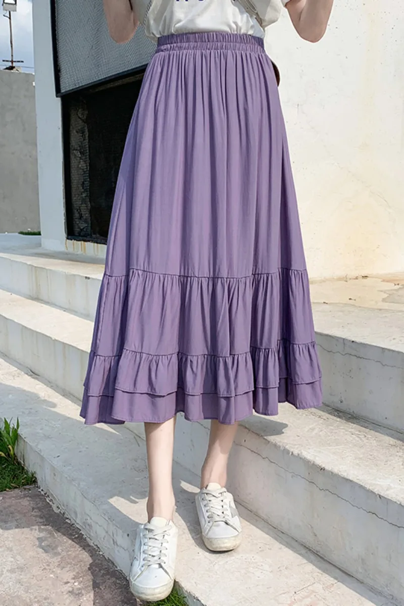

Sweet Copper Ammonia Elastic Waist Skirt Women's Summer New Korean-Style High Waist Slim Ruffles Drape Medium-Length Skirts