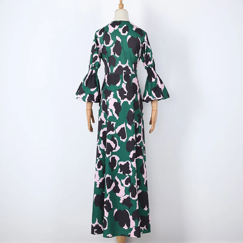 Женское платье макси с рукавами фонариками зеленое Элегантное Длинное Платье V