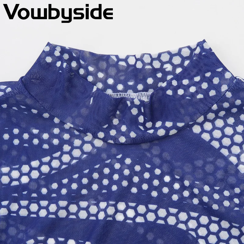 

Women's Print Sexy Slim Bag Hip Turtleneck Long Sleeve with Gloves Gauze Perspective Dress Mid Calf Long Dress