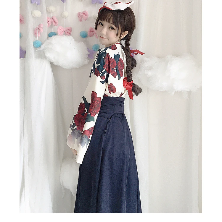 Japanese Style Retro Floral Kimono Long Sleeve Cosplay Costume For Girls Corn Poppy Flower Skirt Female Adult Dress |