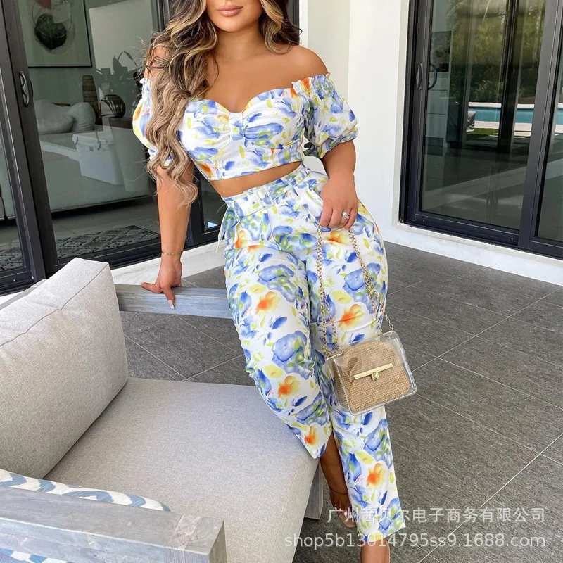 

WEPBEL Women's Sexy Printed Slim Fit Suit Summer High Waist Straight-Leg Pants + Short Sleeve Slash Neck Strapless Top Suit