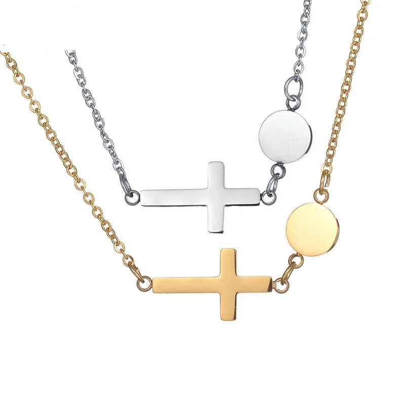 

Stainless Steel Cross Pendant Necklace for Women Men Geometric Lettering Round Necklaces Fashion Jewelry
