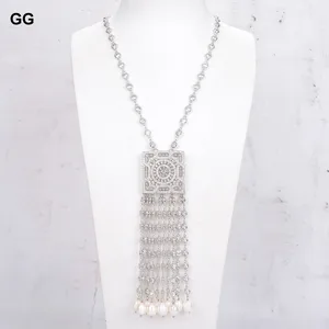 GuaiGuai Jewelry 22'' Natural White Rice Pearl Cz Pave Pendant Chain Necklace