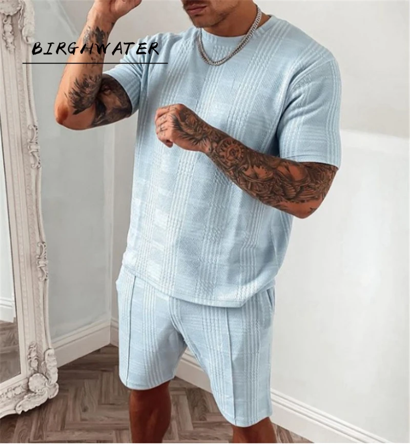 

Костюм-двойка мужской из хлопковой ткани, модная повседневная Облегающая рубашка с короткими рукавами и шорты, лето 2021