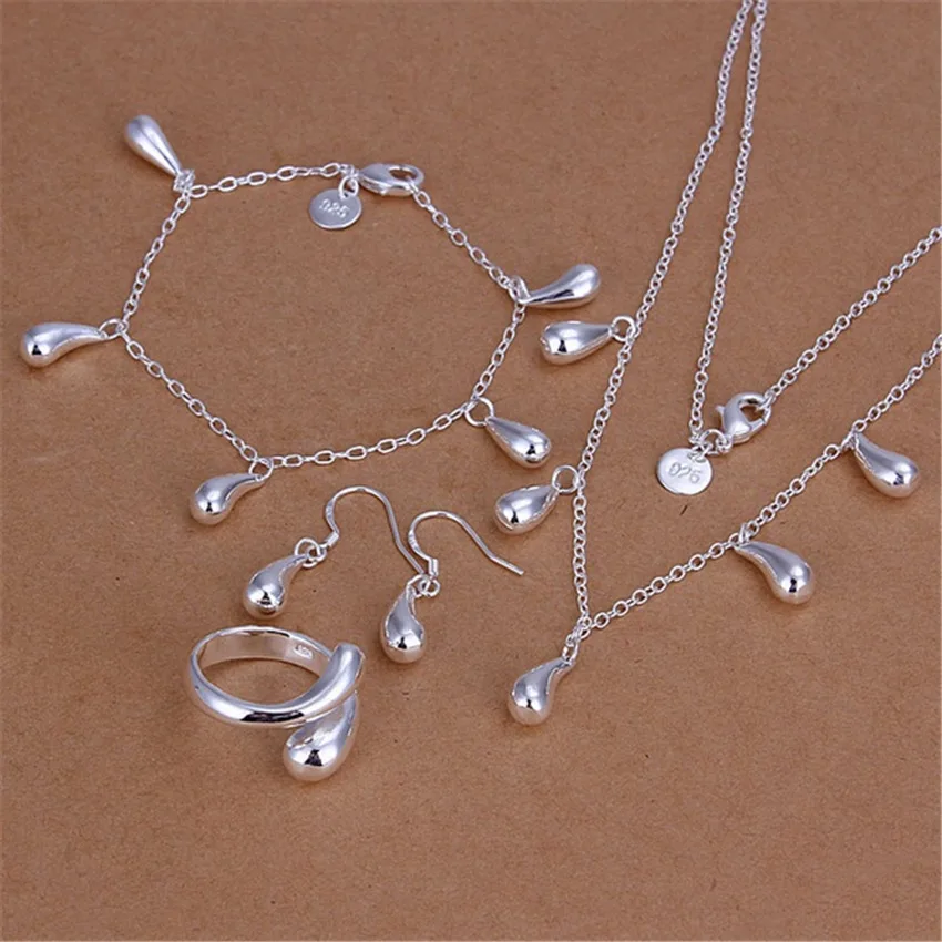 

925 sterling Silver fashion Water drop Bracelet necklace earrings rings Jewelry set for women luxury Party Christmas Gifts
