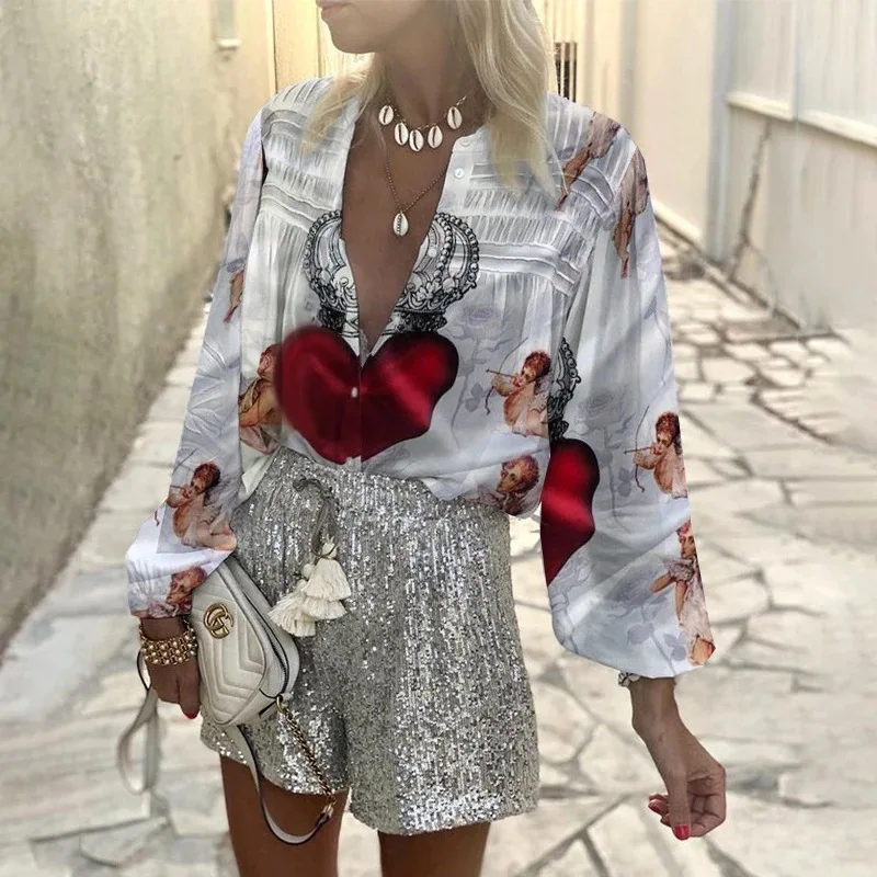 

Vacation style casual V-neck printed long-sleeved shirt blouse women