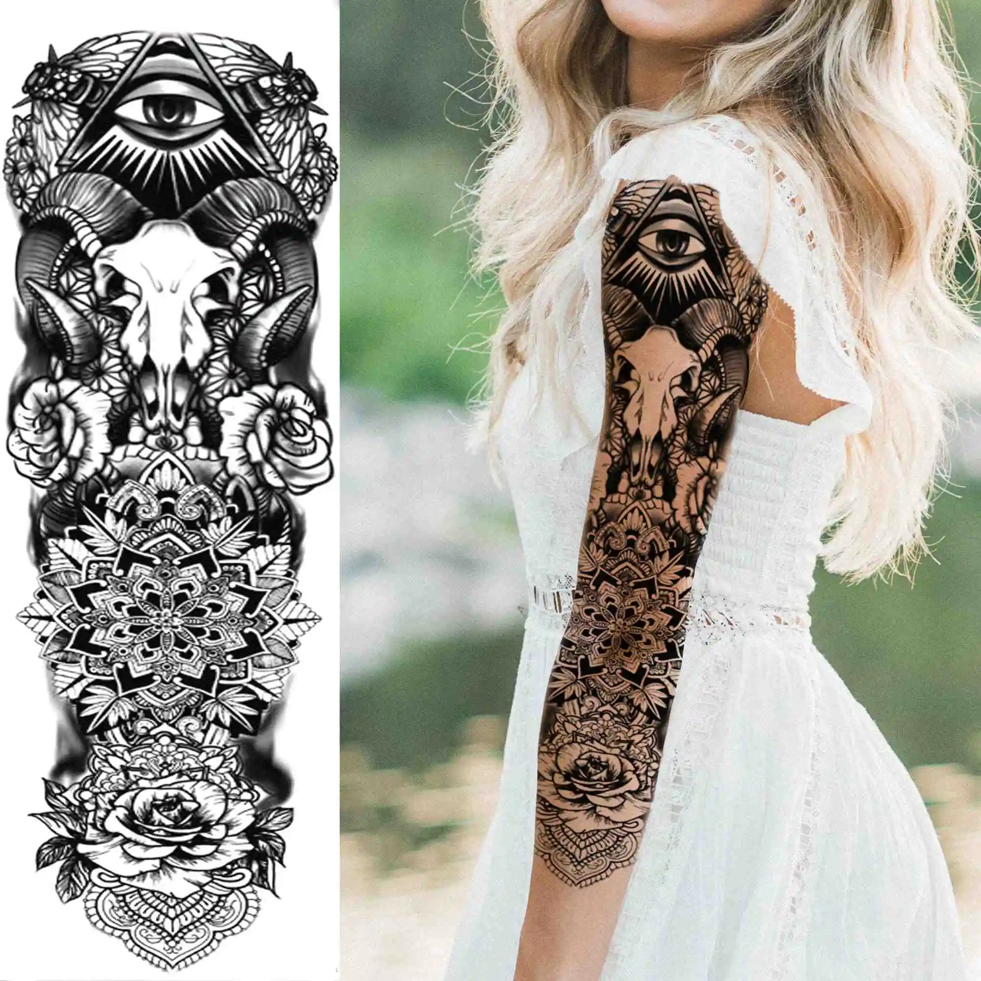 Тату-наклейка Механическая на всю руку с черепом для мужчин женщин волчьи глаза