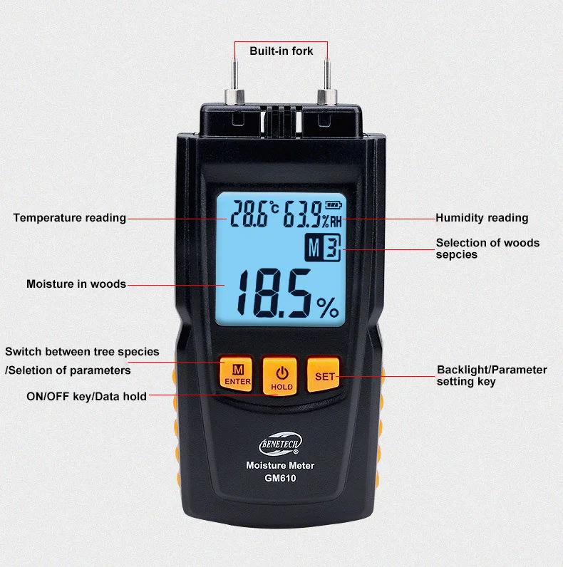 BENETECH GM610 измеритель влажности древесины 2 шпильки тестер Лесоматериалы влажной