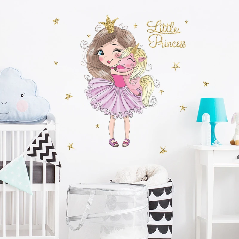 Фото Мультяшные наклейки на стену маленькой принцессы и единорога виниловые