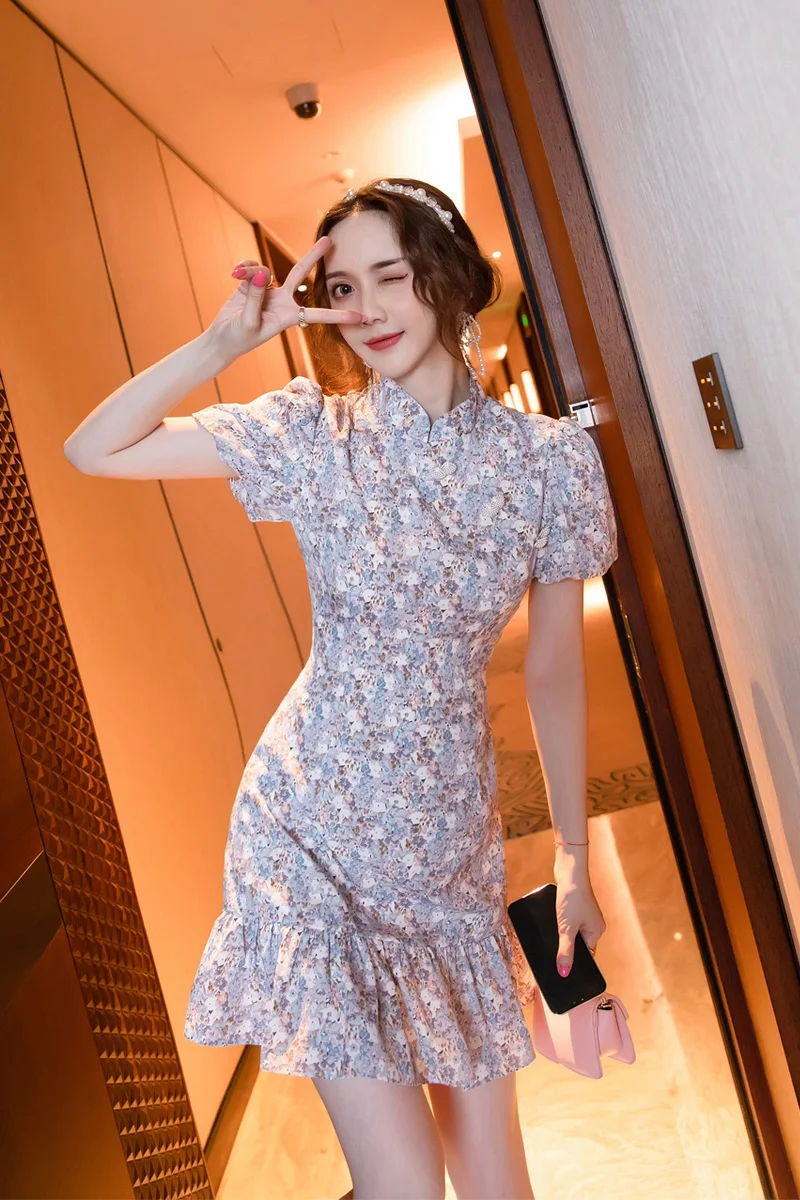 

COIGARSAM Cheongsam Floral Print Women dress New Summer Vintage Dresses Design And Color 5119