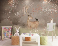 custom high end wallpaper watercolor elk beautiful cherry blossom nordic retro whole house background wall
