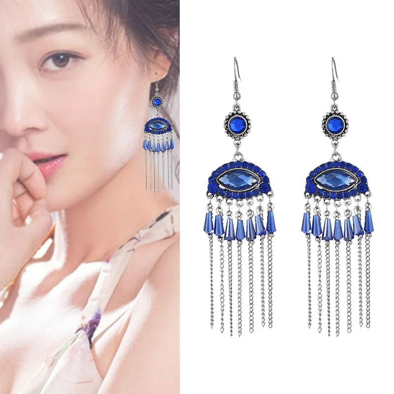 

Chinese Style Eye Ornament Tassel Long-style Full Diamond Earrings Women's Creative Earrings