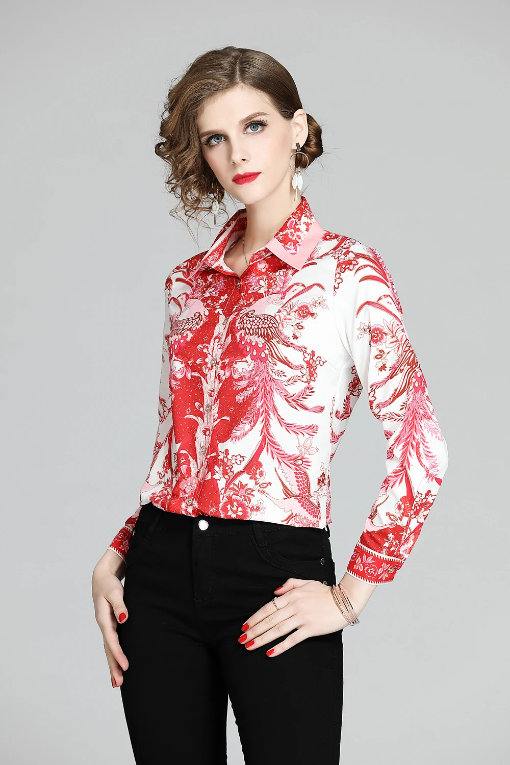 Женская модельная винтажная рубашка повседневная блузка с цветочным принтом на