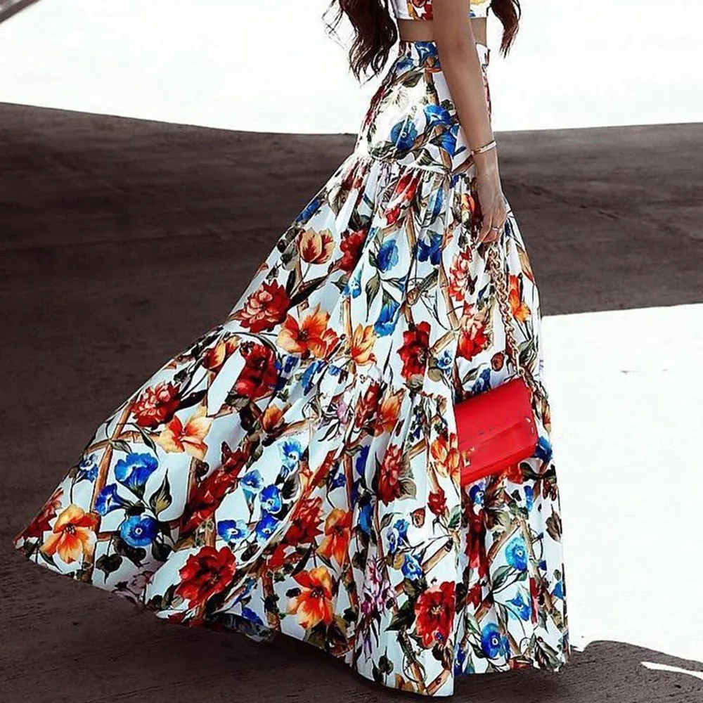 

2021 European American Style Women's Fashion Printed Skirt Summer Sexy Beach Dress Loose Casual High Waist