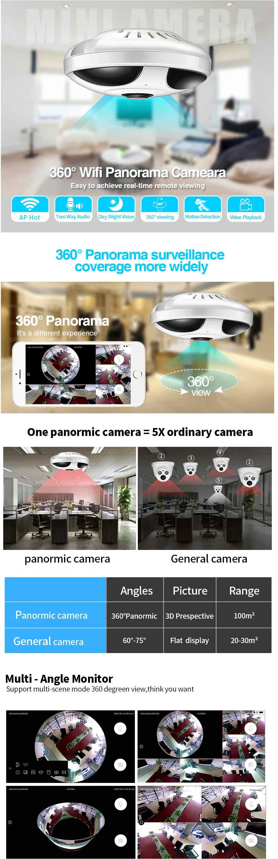 Панорамная 1080P умная камера wifi камера ONVIF H.264 инфракрасная ночная версия M-otion Обнаружение купольная Безопасность Детская видеоняни